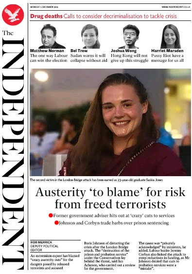 The Independent Newspaper Front Page for 2 December 2019
