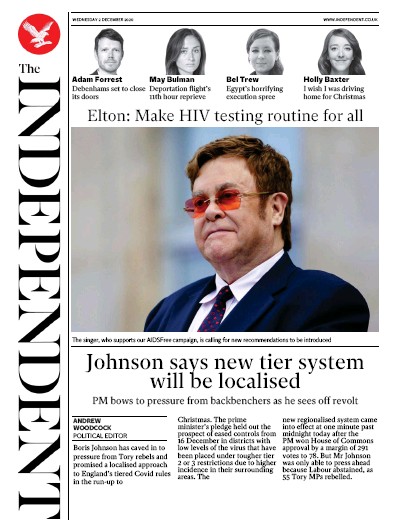 The Independent Newspaper Front Page for 2 December 2020