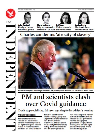 The Independent (UK) Newspaper Front Page for 2 December 2021