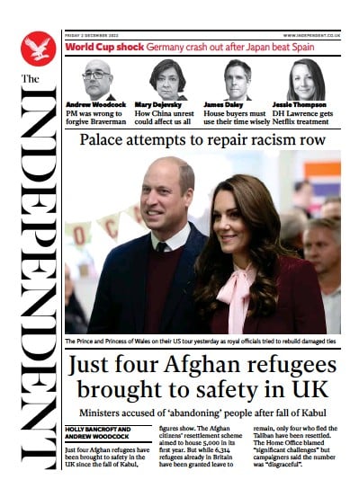 The Independent (UK) Newspaper Front Page for 2 December 2022