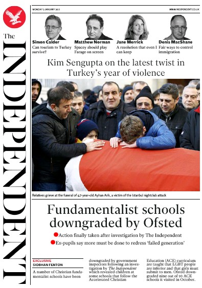 The Independent Newspaper Front Page for 2 January 2017