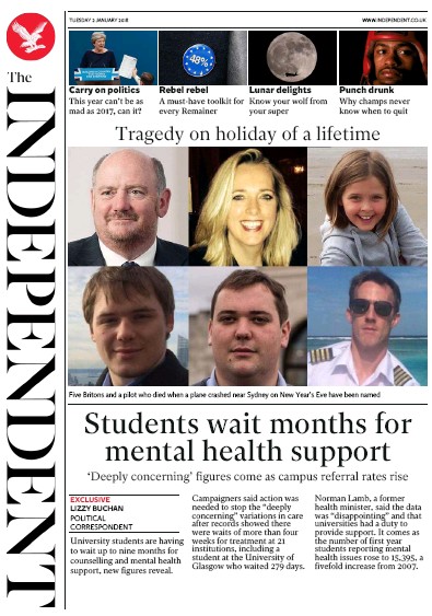 The Independent Newspaper Front Page for 2 January 2018