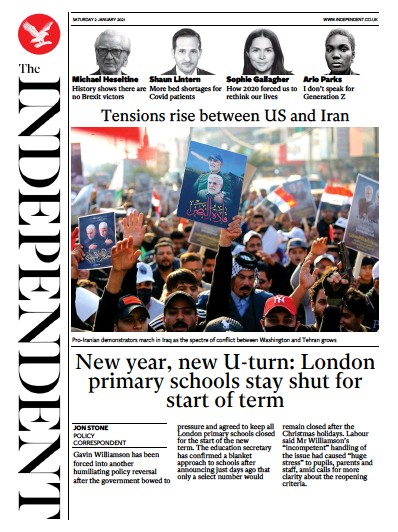 The Independent Newspaper Front Page for 2 January 2021