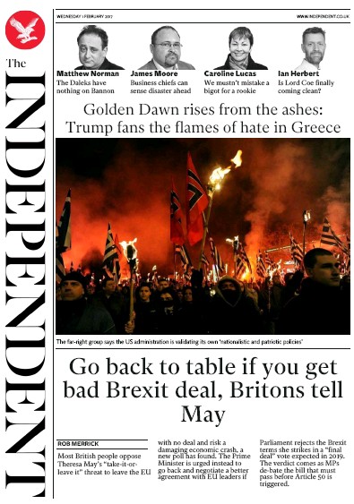 The Independent Newspaper Front Page for 2 February 2017