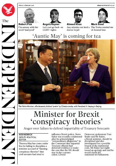 The Independent Newspaper Front Page for 2 February 2018