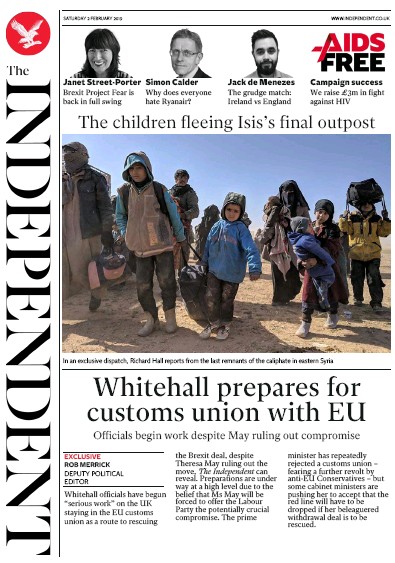 The Independent Newspaper Front Page for 2 February 2019