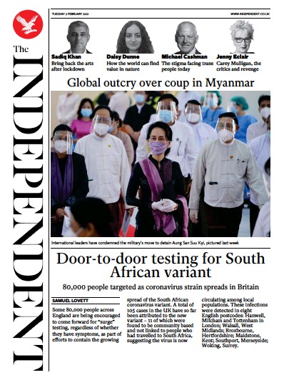 The Independent Newspaper Front Page for 2 February 2021