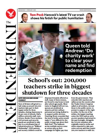 The Independent (UK) Newspaper Front Page for 2 February 2023