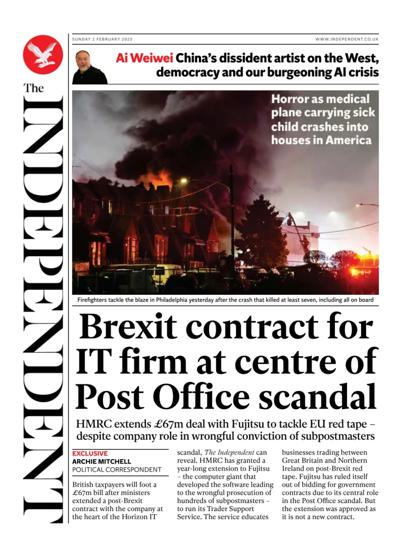 The Independent (UK) Newspaper Front Page for 2 February 2025