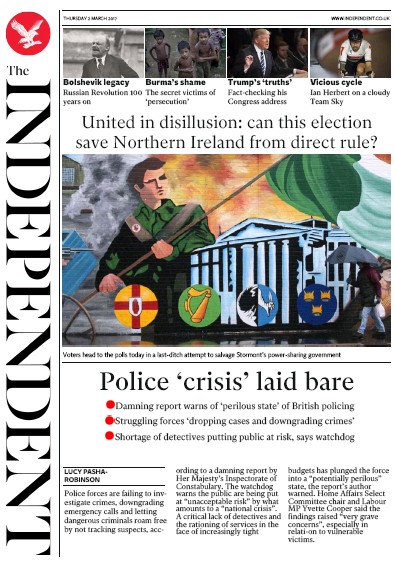 The Independent Newspaper Front Page for 2 March 2017