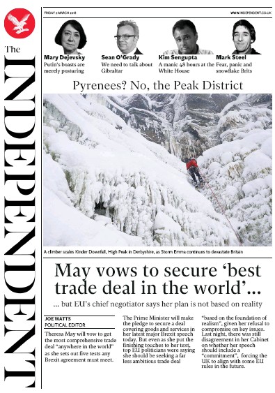 The Independent Newspaper Front Page for 2 March 2018