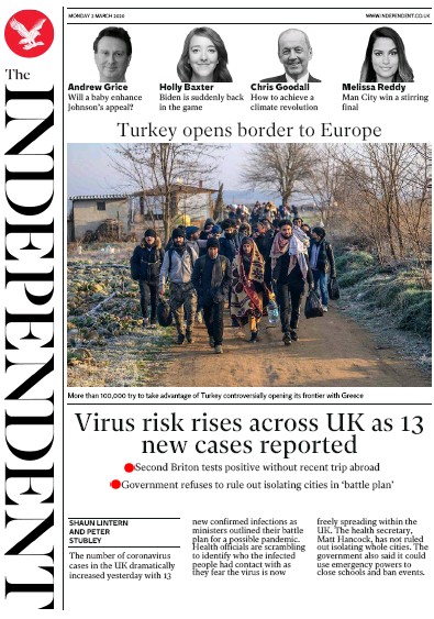 The Independent Newspaper Front Page for 2 March 2020
