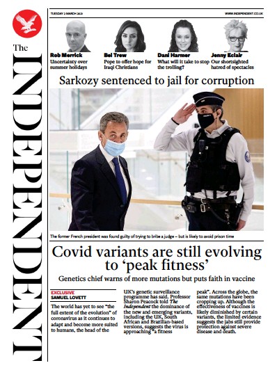 The Independent (UK) Newspaper Front Page for 2 March 2021