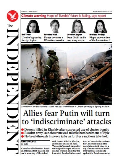 The Independent Newspaper Front Page for 2 March 2022