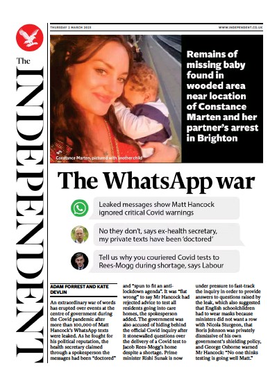 The Independent (UK) Newspaper Front Page for 2 March 2023
