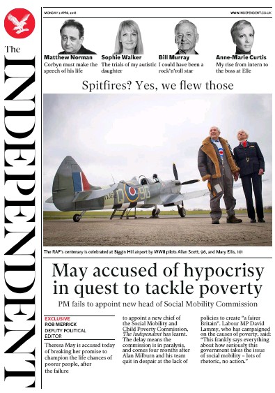 The Independent Newspaper Front Page for 2 April 2018