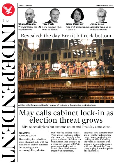 The Independent Newspaper Front Page for 2 April 2019