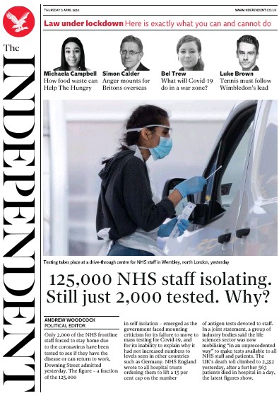 The Independent Newspaper Front Page for 2 April 2020
