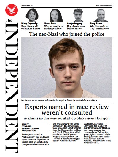 The Independent (UK) Newspaper Front Page for 2 April 2021