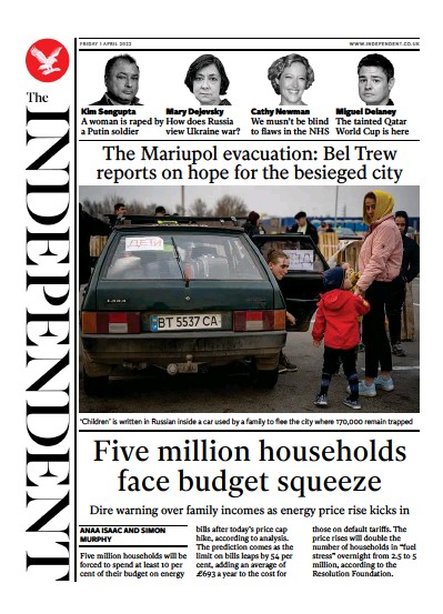 The Independent Newspaper Front Page for 2 April 2022