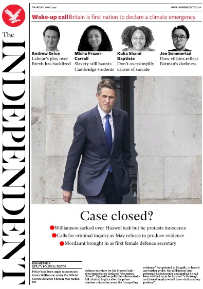 The Independent Newspaper Front Page for 2 May 2019