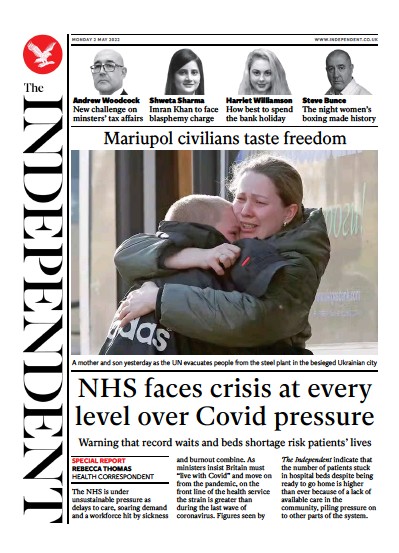 The Independent (UK) Newspaper Front Page for 2 May 2022