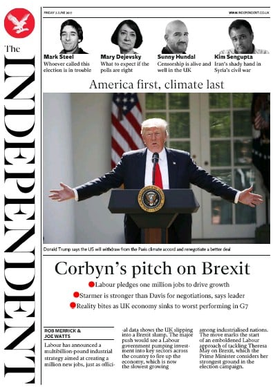 The Independent Newspaper Front Page for 2 June 2017