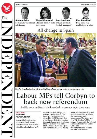 The Independent Newspaper Front Page for 2 June 2018
