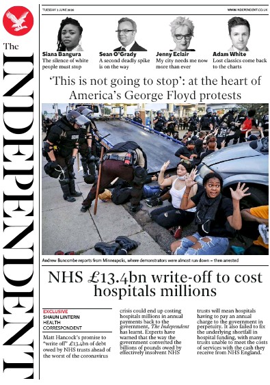 The Independent Newspaper Front Page for 2 June 2020