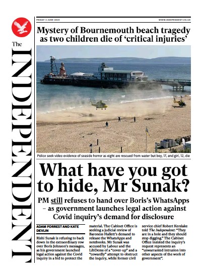 The Independent (UK) Newspaper Front Page for 2 June 2023