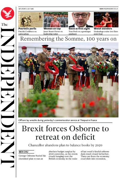 The Independent Newspaper Front Page for 2 July 2016