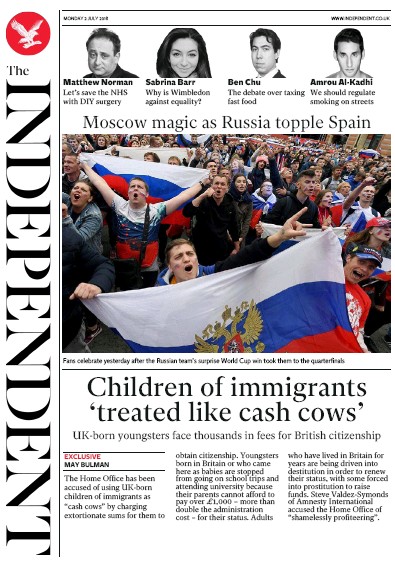 The Independent Newspaper Front Page for 2 July 2018