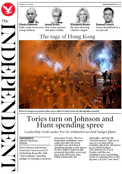 The Independent (UK) Newspaper Front Page for 2 July 2019