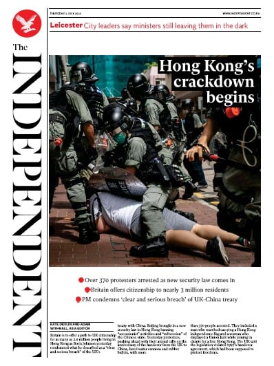 The Independent Newspaper Front Page for 2 July 2020