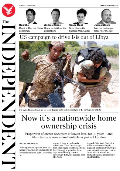 The Independent Newspaper Front Page for 2 August 2016