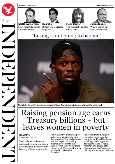 The Independent Newspaper Front Page for 2 August 2017