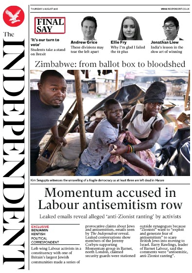 The Independent Newspaper Front Page for 2 August 2018