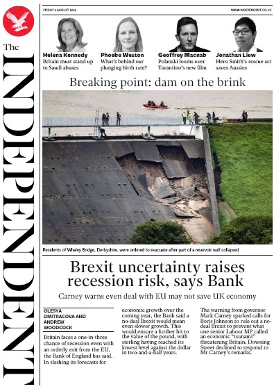 The Independent Newspaper Front Page for 2 August 2019