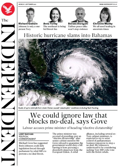 The Independent Newspaper Front Page for 2 September 2019