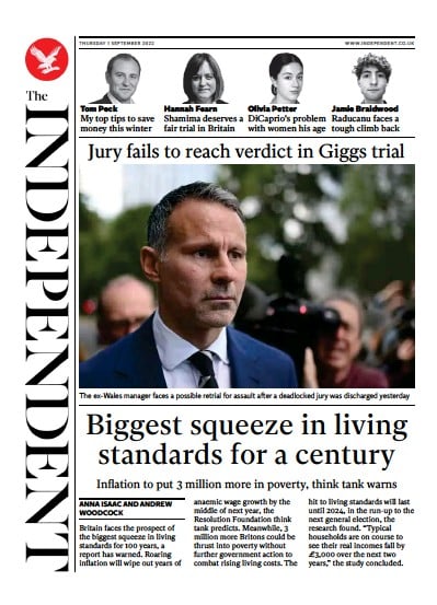 The Independent (UK) Newspaper Front Page for 2 September 2022