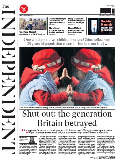 The Independent Newspaper Front Page for 30 October 2015