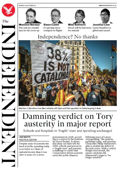 The Independent Newspaper Front Page for 30 October 2017