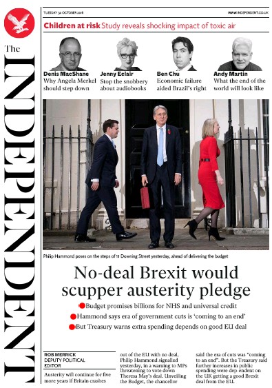 The Independent Newspaper Front Page for 30 October 2018