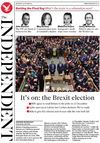 The Independent (UK) Newspaper Front Page for 30 October 2019