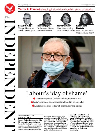The Independent Newspaper Front Page for 30 October 2020