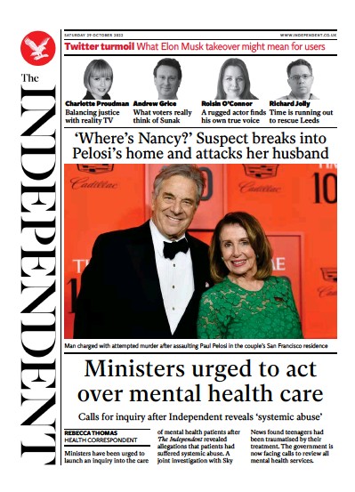 The Independent (UK) Newspaper Front Page for 30 October 2022