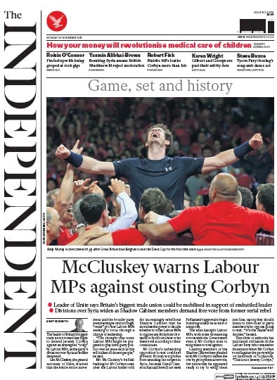 The Independent (UK) Newspaper Front Page for 30 November 2015