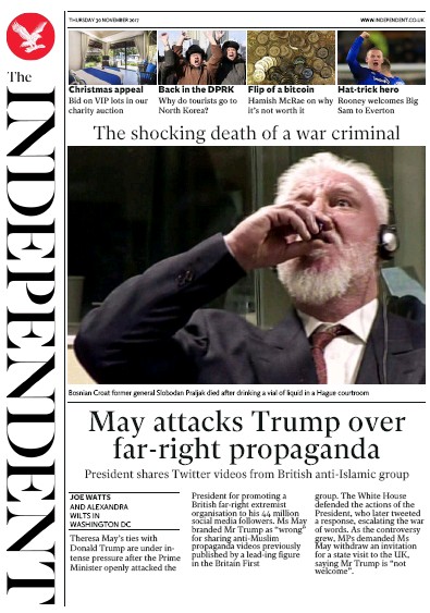 The Independent Newspaper Front Page for 30 November 2017