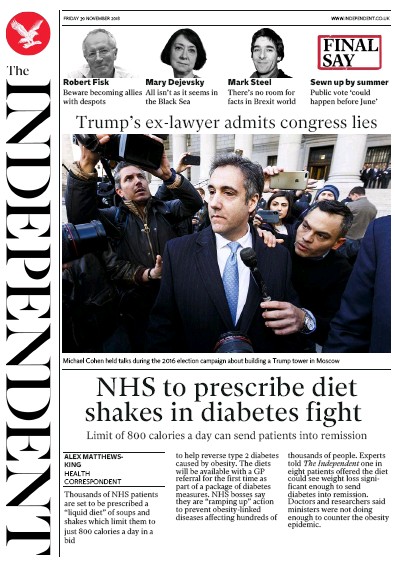 The Independent Newspaper Front Page for 30 November 2018