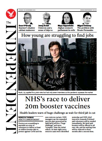 The Independent (UK) Newspaper Front Page for 30 November 2021